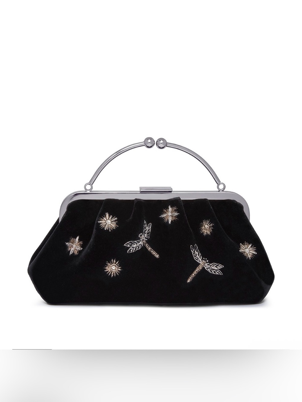Stratheberry x Cinq a Sept Frame Black Velvet Clutch. Black Embroidered.